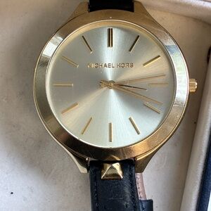 Michael Kors Gold-Tone Dial Watch with Black Leather Strap